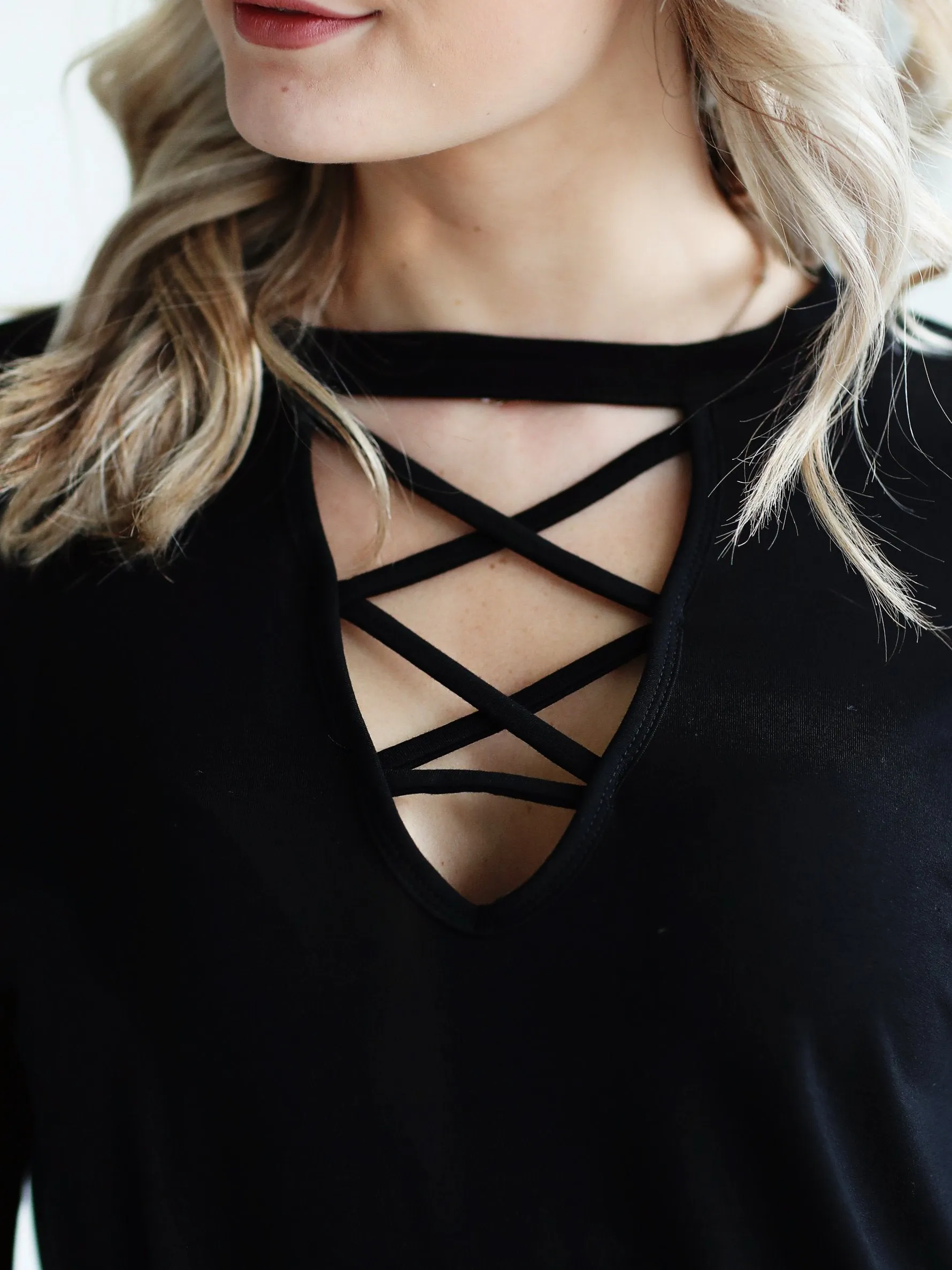 Black DLMN Long Sleeve Strappy Neck Top