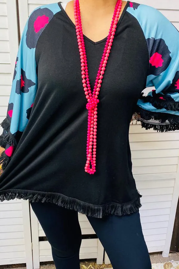 BQ14200 Black & Leopard printed raglan bell sleeve top w/tassels