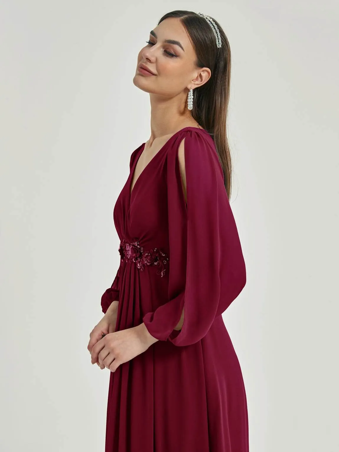Burgundy V-Neck Long Slit Sleeve Pleated Flowy Chiffon Formal Dress