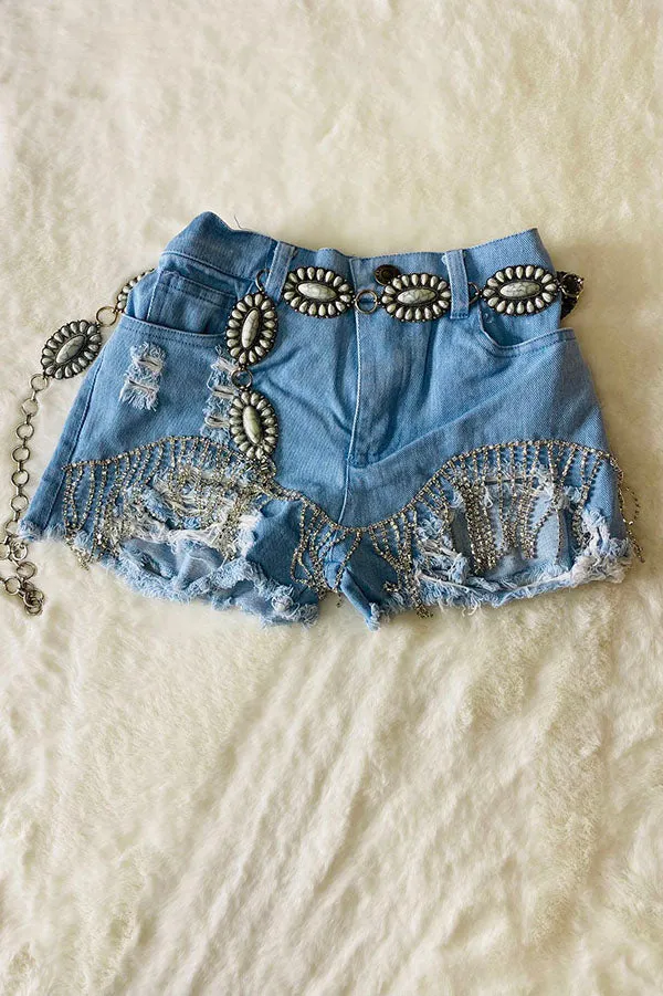 DLH2395 Light Blue denim shiny fringe tassels girl distressed shorts