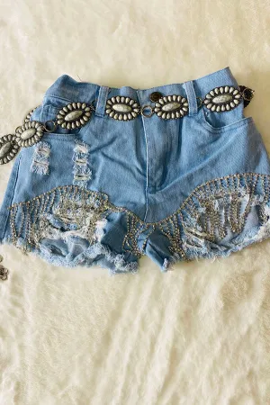 DLH2395 Light Blue denim shiny fringe tassels girl distressed shorts