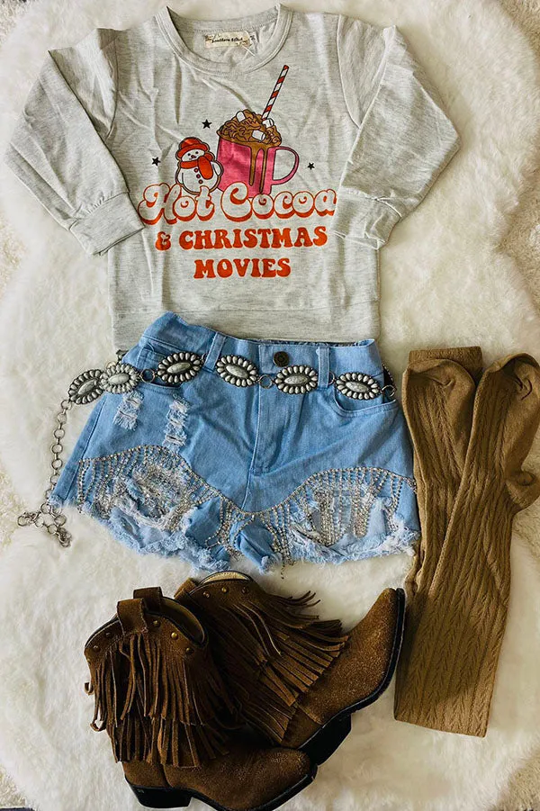 DLH2395 Light Blue denim shiny fringe tassels girl distressed shorts