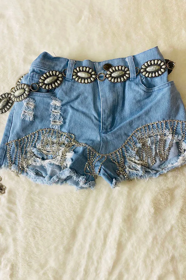 DLH2395 Light Blue denim shiny fringe tassels girl distressed shorts